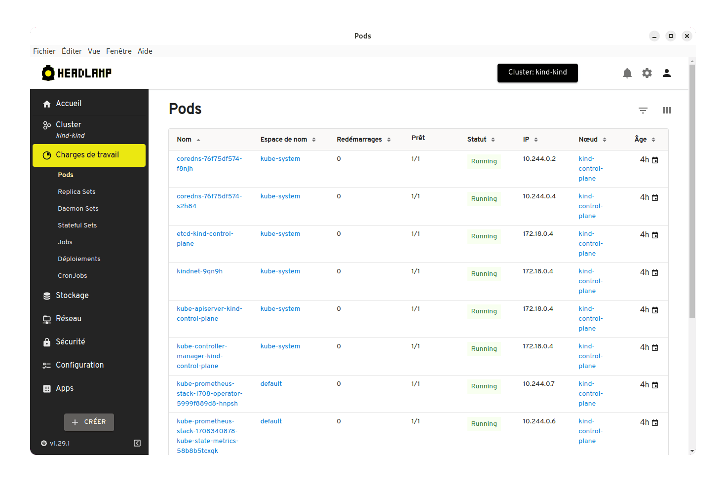 Headlamp - liste des pods